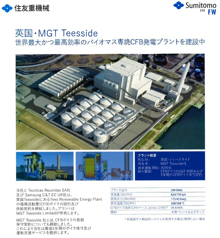 英国・MGT Teesside 世界最大かつ最高効率のバイオマス先燃DFB発電プラントを建設中