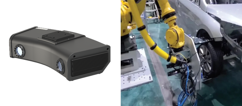左:CLE社3Dマシンビジョンセンサー【CoPick3D】、右:CoPick3Dを活用したタイヤ自動組立工程